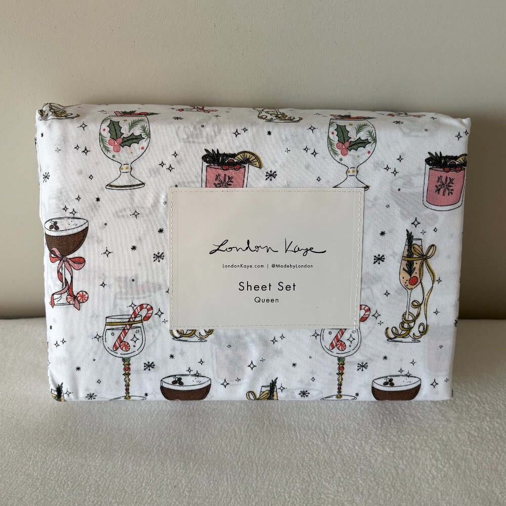 NWT - London Kaye Holiday Cocktails Queen Sheet Set